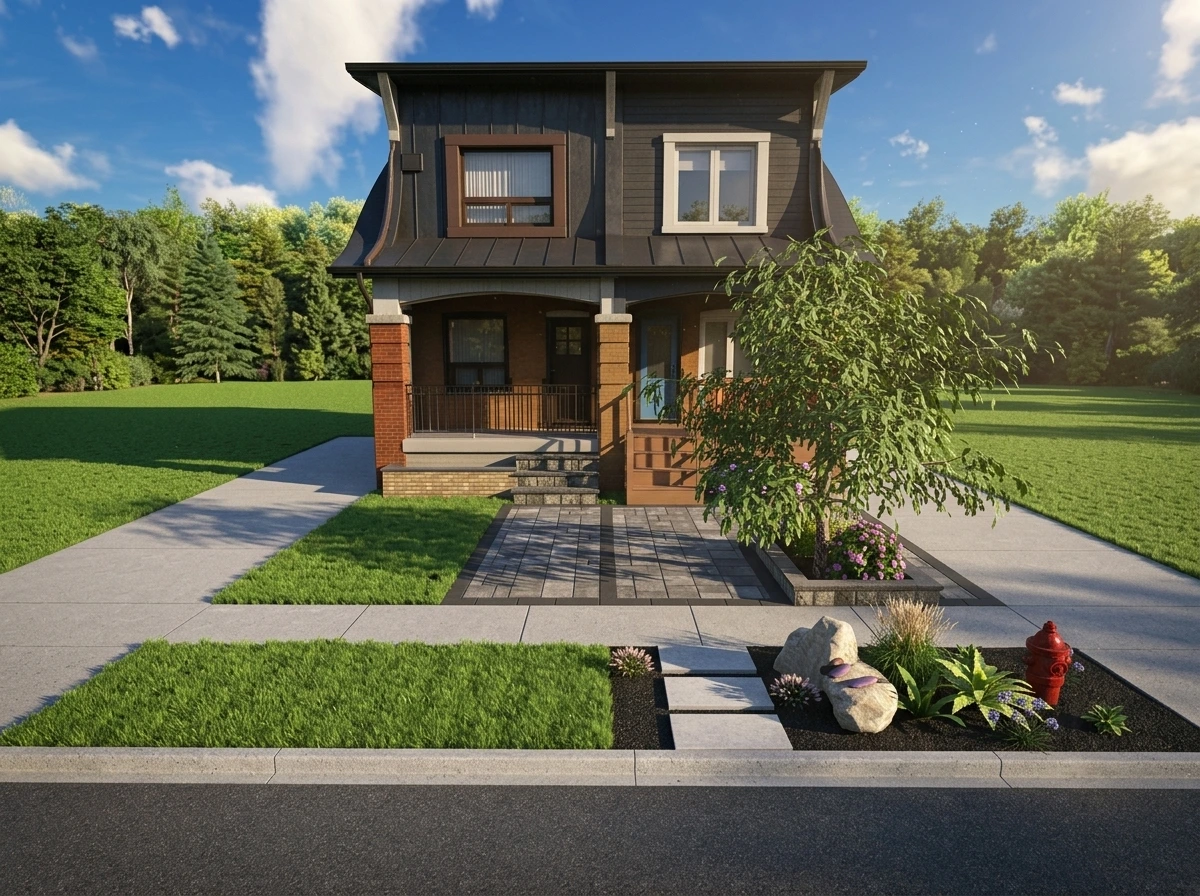 Front yard transformation render — 86 Woodington Ave, Toronto